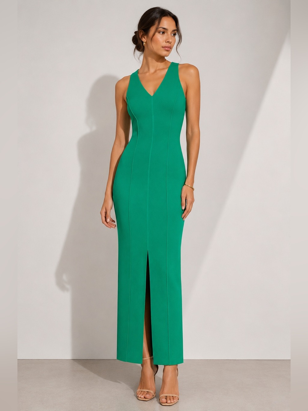Caroline Constas Emerald Green Knit Sleeveless Maxi Dress with Front Slit XS